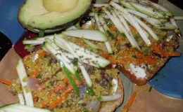 Millet Bread with Vegan “Cream Cheese” and Quinoa/Vegetable Topping